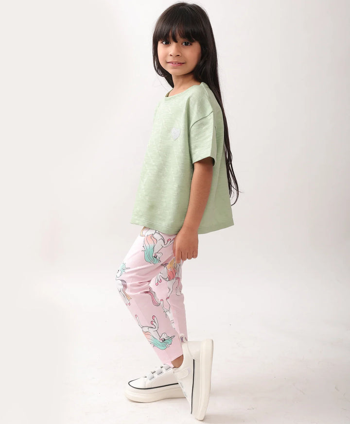 GREEN JACQUARD UNICORN STAR LEGGINGS SET - GREEN/PINK - Anthrilo 