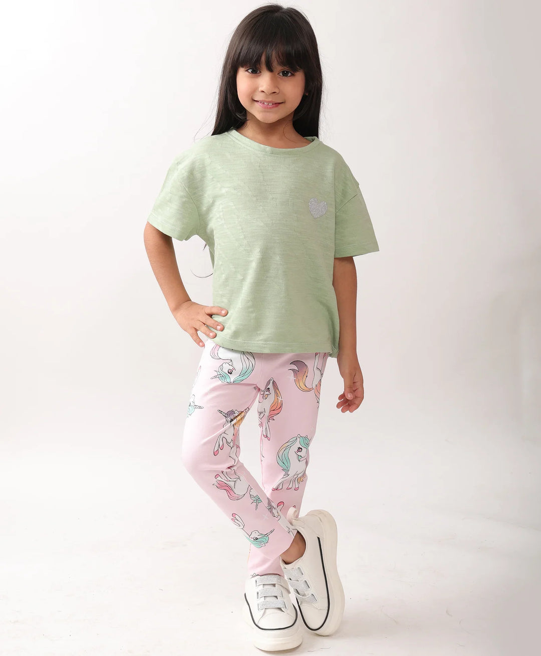 GREEN JACQUARD UNICORN STAR LEGGINGS SET - GREEN/PINK - Anthrilo 