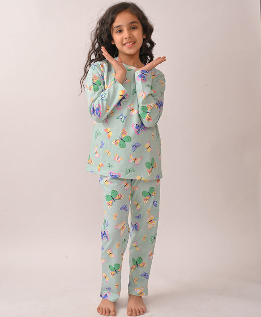 SUMMER BUTTERFLY GREEN LONG SLEEVES PYJAMA SET - GREEN