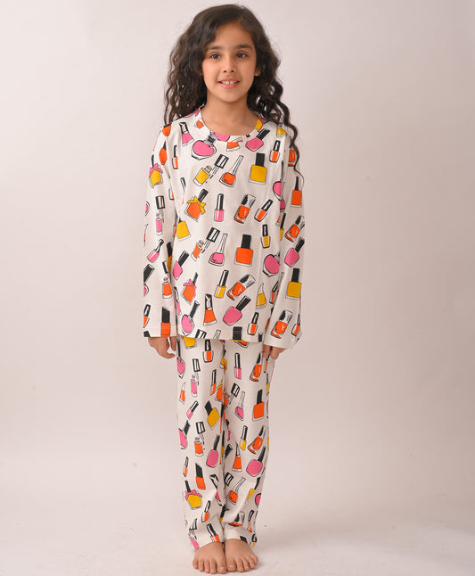 SUMMER NAIL PAINT GIRLS LONG SLEEVES PYJAMA SET - WHITE