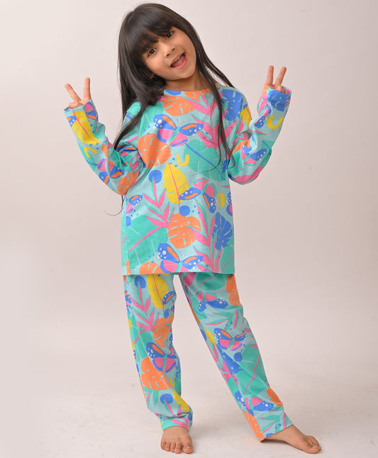 SUMMER AQUA FLOWER PERADISE LONG SLEEVES PYJAMA SET - AQUA