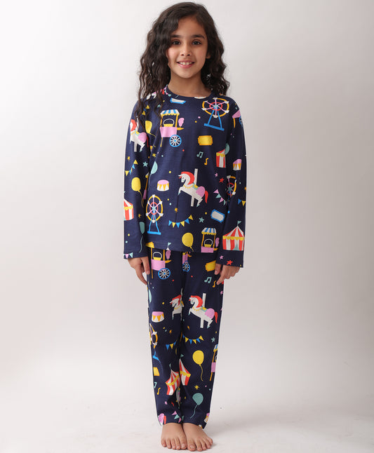 SUMMER CARNIVAL CIRCUS GIRLS LONG SLEEVES PYJAMA SET - NAVY