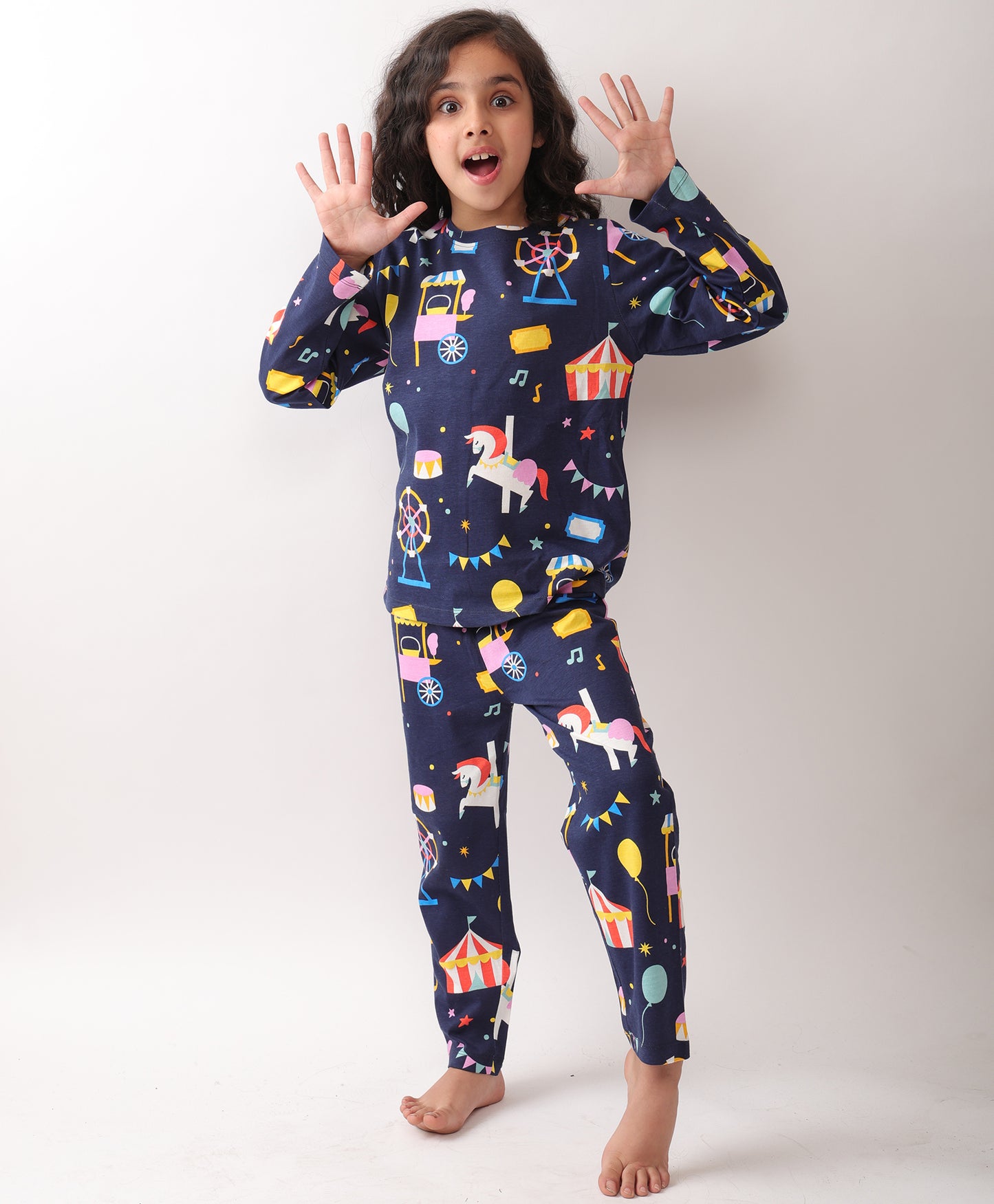 SUMMER CARNIVAL CIRCUS GIRLS LONG SLEEVES PYJAMA SET - NAVY