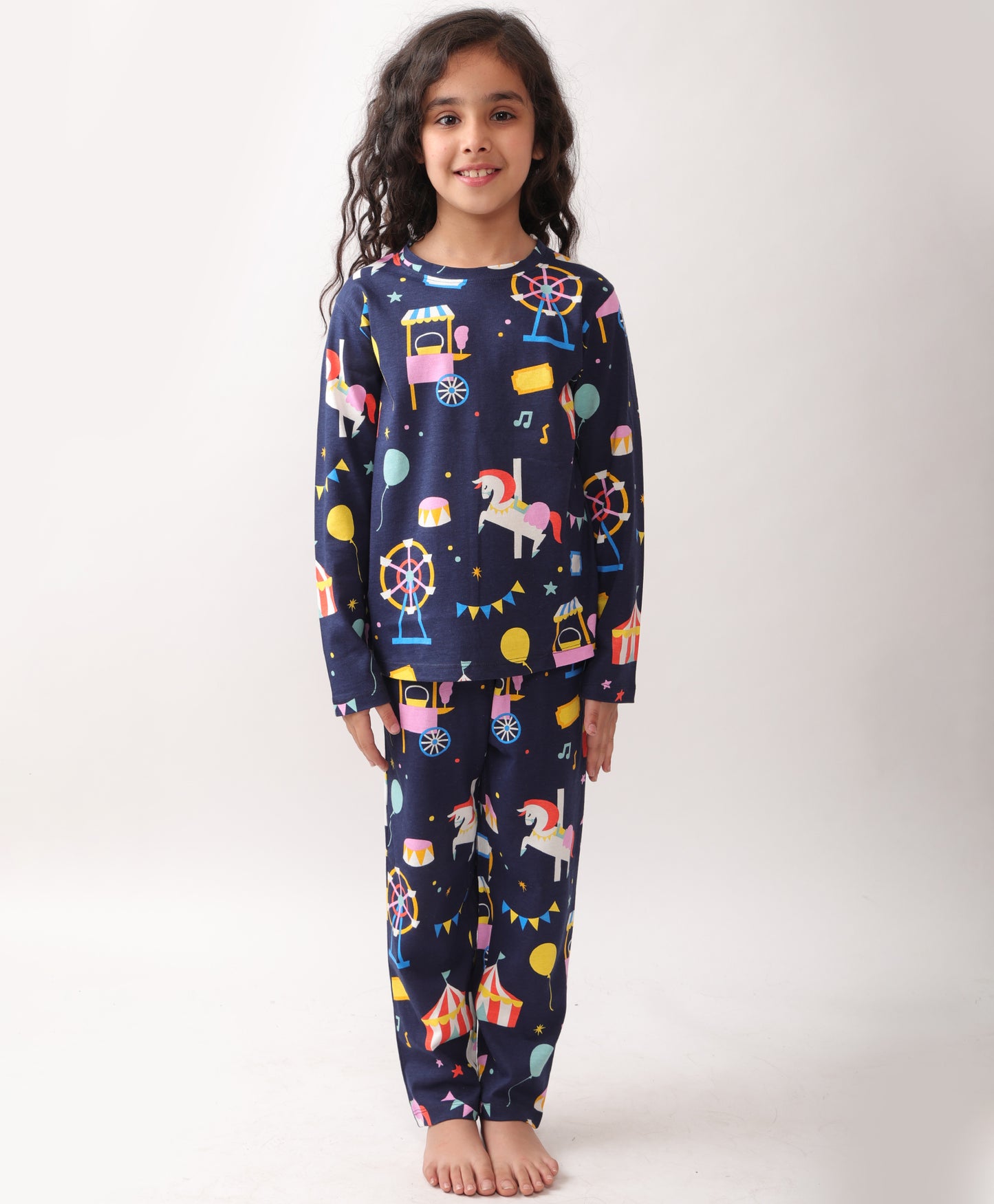 SUMMER CARNIVAL CIRCUS GIRLS LONG SLEEVES PYJAMA SET - NAVY