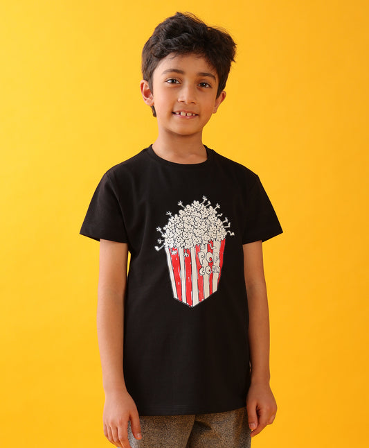 POPCORN BLACK SUMMER SHORT SLEEVE BOYS T-SHIRT - BLACK