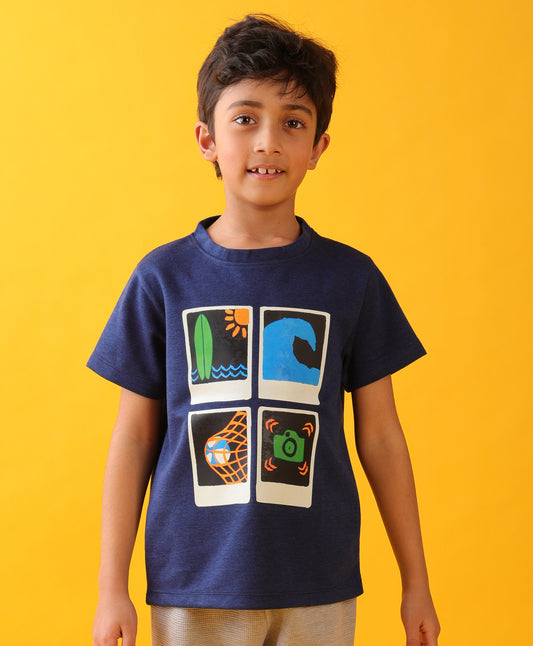 WAVES BLUE PHOTO SUMMER SHORT SLEEVE BOYS T-SHIRT - BLUE