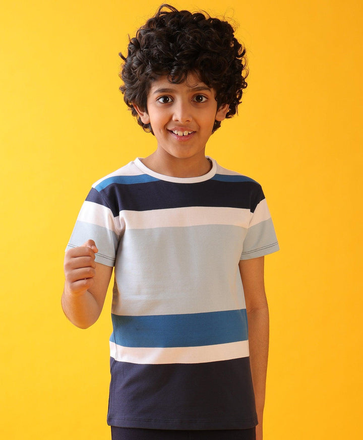 Sky White Navy Stripes Boys Short Sleeves T-Shirt - White