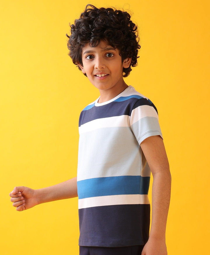 Sky White Navy Stripes Boys Short Sleeves T-Shirt - White