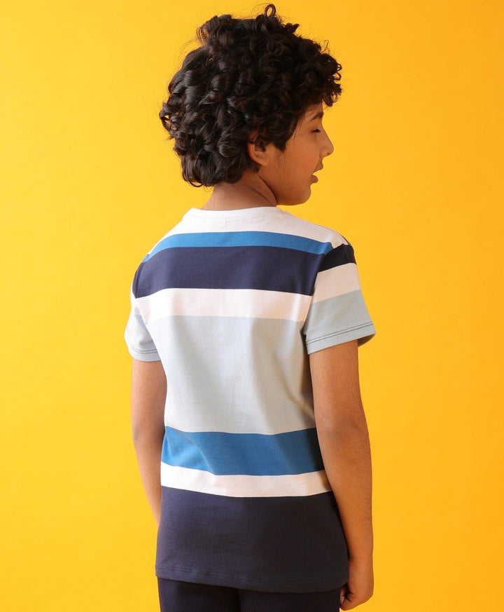 Sky White Navy Stripes Boys Short Sleeves T-Shirt - White