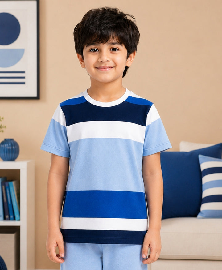 Sky White Navy Stripes Boys Short Sleeves T-Shirt - White