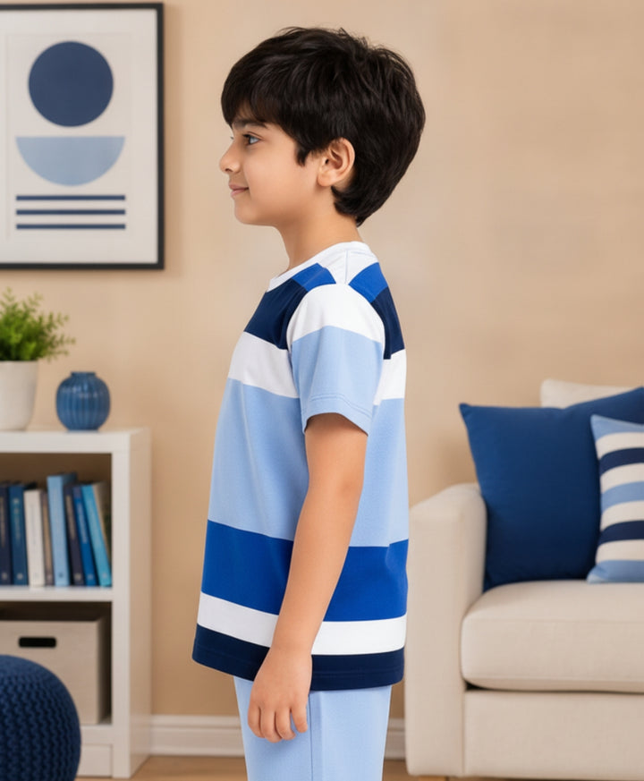 Sky White Navy Stripes Boys Short Sleeves T-Shirt - White
