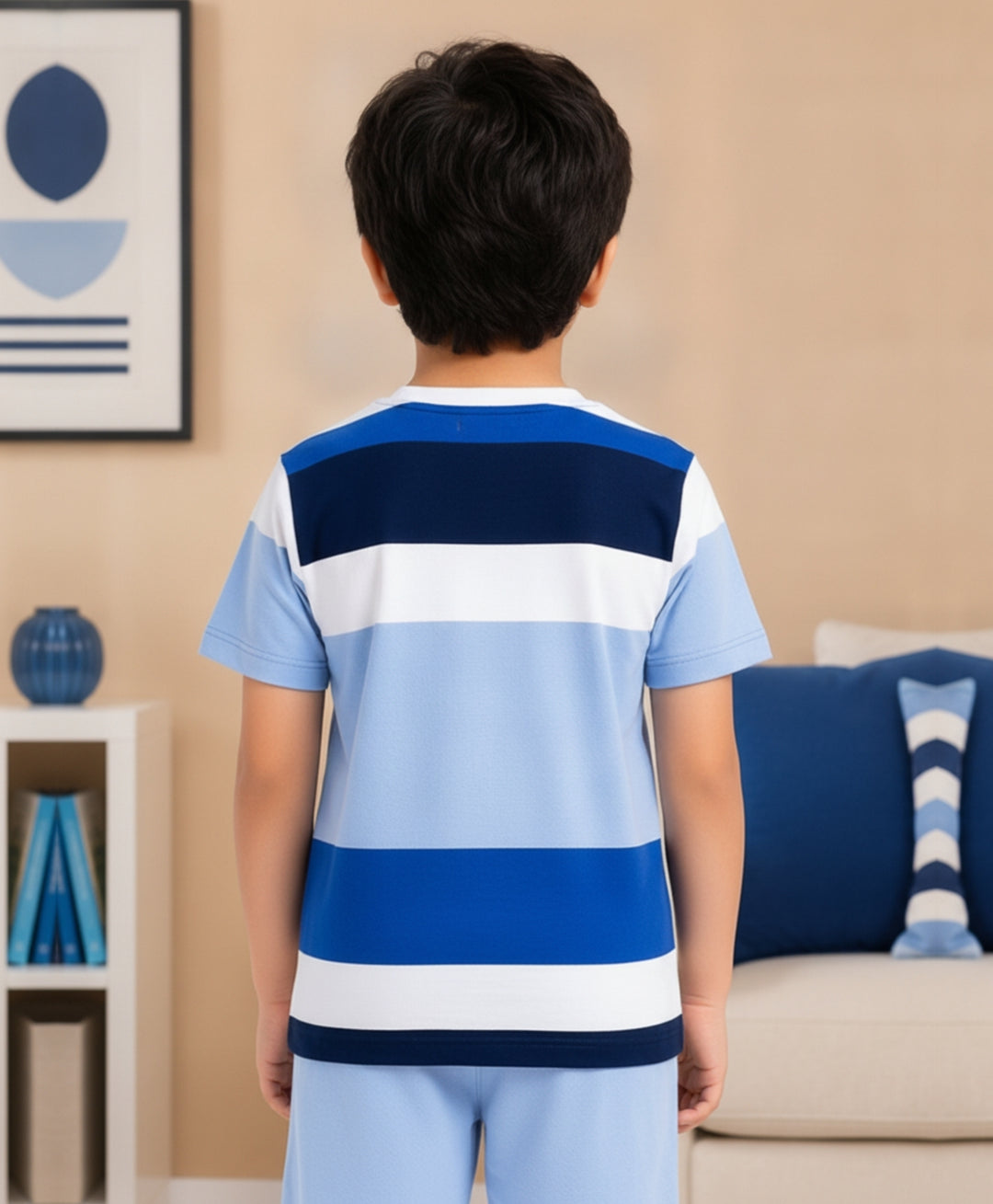 Sky White Navy Stripes Boys Short Sleeves T-Shirt - White