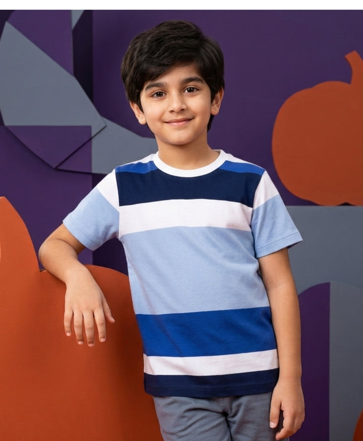 Sky White Navy Stripes Boys Short Sleeves T-Shirt - White