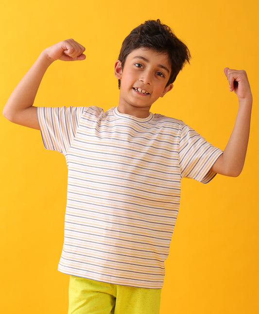 MUSTARD THIN STRIPE SHORT SLEEVE BOYS T-SHIRT - OFF WHITE