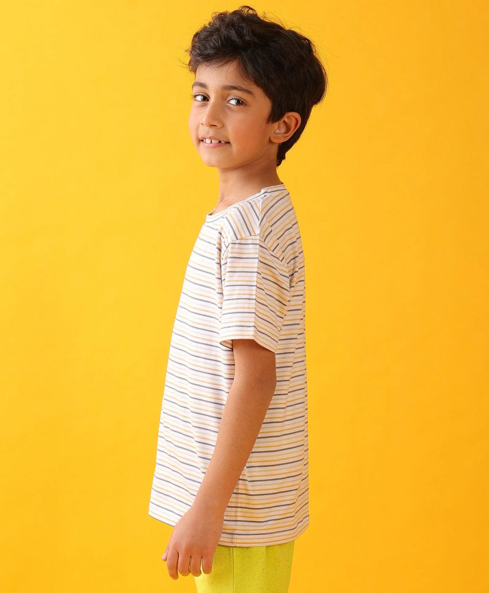 MUSTARD THIN STRIPE SHORT SLEEVE BOYS T-SHIRT - OFF WHITE - Anthrilo 