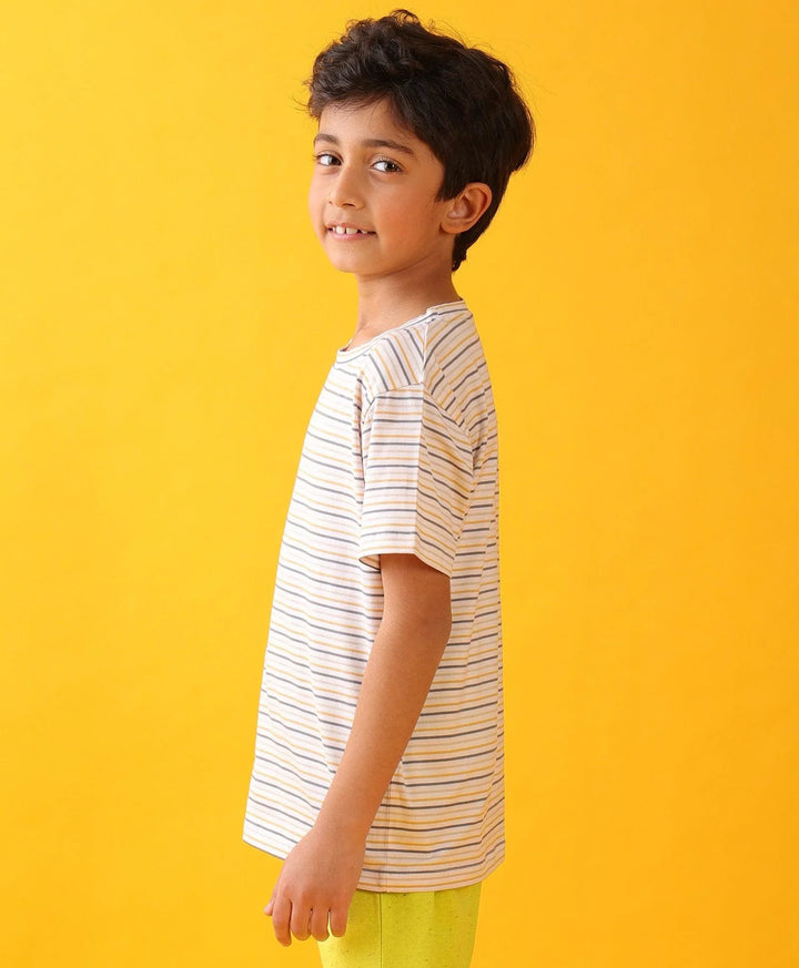 MUSTARD THIN STRIPE SHORT SLEEVE BOYS T-SHIRT - OFF WHITE - Anthrilo 