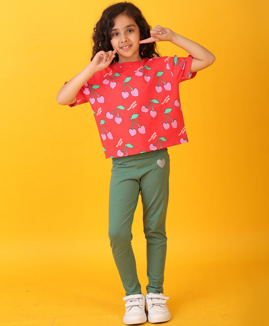 CHERRY RED HEART FUN LEGGING SET - RED/GREEN