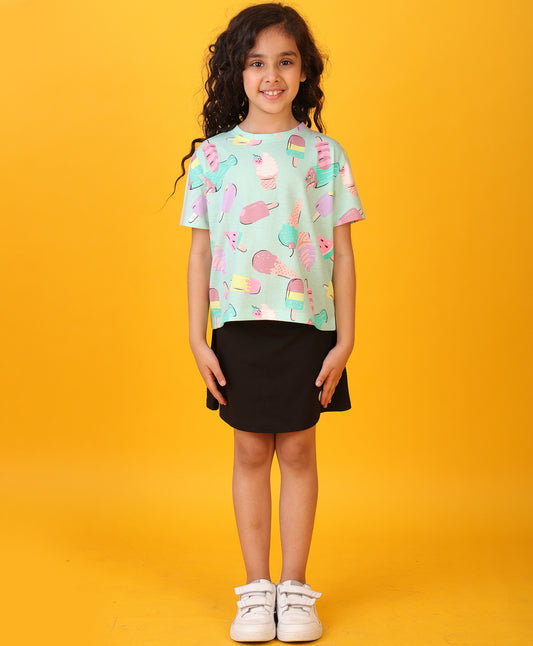 ICECREAM SUMMER BLACK GIRL SKIRT SET -SKY/BLACK