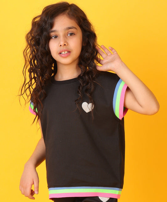BLACK HEART FUN CAP SLEEVES SUMMER T-SHIRT - BLACK
