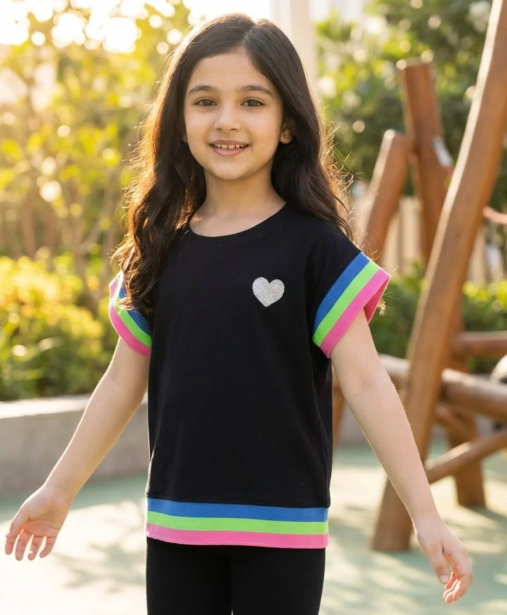 Black Heart Fun Cap Sleeves Summer T-Shirt - Black