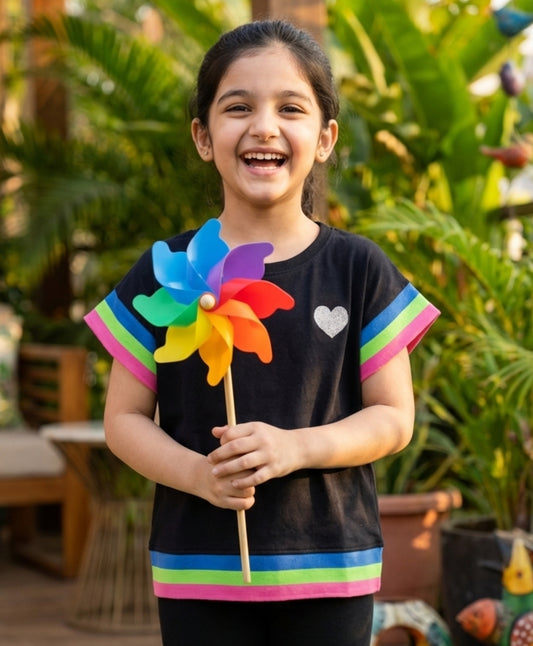 BLACK HEART FUN CAP SLEEVES SUMMER T-SHIRT - BLACK