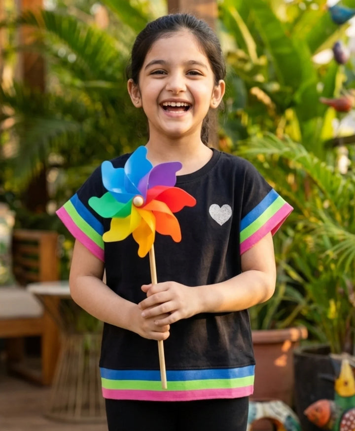 Black Heart Fun Cap Sleeves Summer T-Shirt - Black
