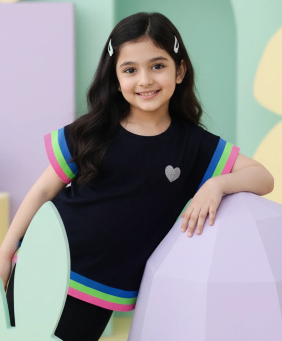 Black Heart Fun Cap Sleeves Summer T-Shirt - Black