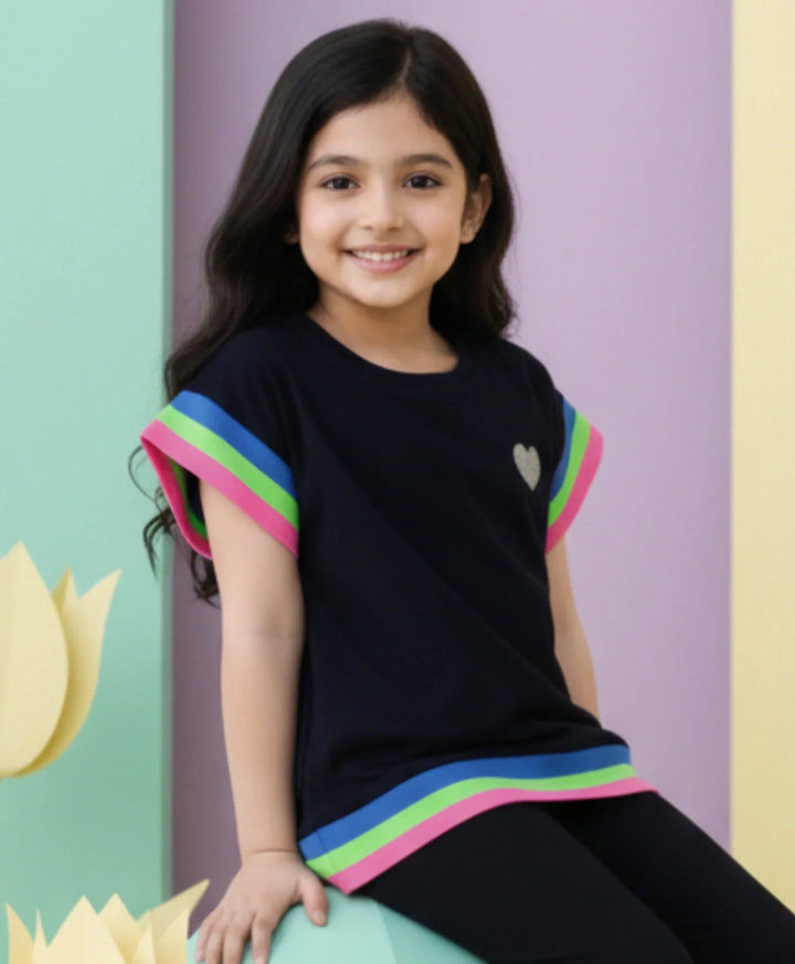 Black Heart Fun Cap Sleeves Summer T-Shirt - Black
