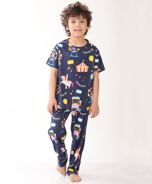 SUMMER CARNIVAL CIRCUS SHORT SLEEVE PYJAMA SET - NAVY