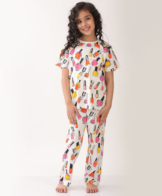SUMMER NAIL PAINT SHORT SLEEVE PYJAMA SET - WHITE