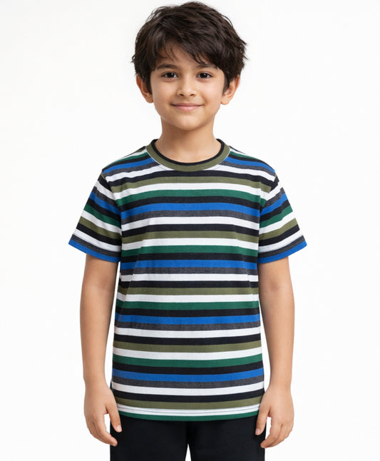 BLUE GREEN WHITE STRIPED BOYS SHORT SLEEVES T-SHIRT - MULTI