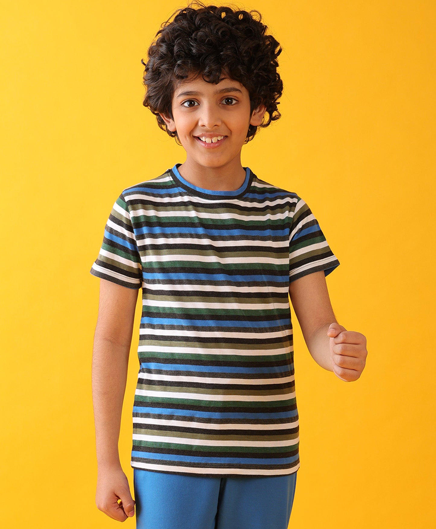 BLUE GREEN WHITE STRIPED BOYS SHORT SLEEVES T-SHIRT - MULTI
