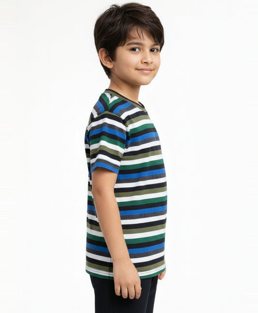 BLUE GREEN WHITE STRIPED BOYS SHORT SLEEVES T-SHIRT - MULTI
