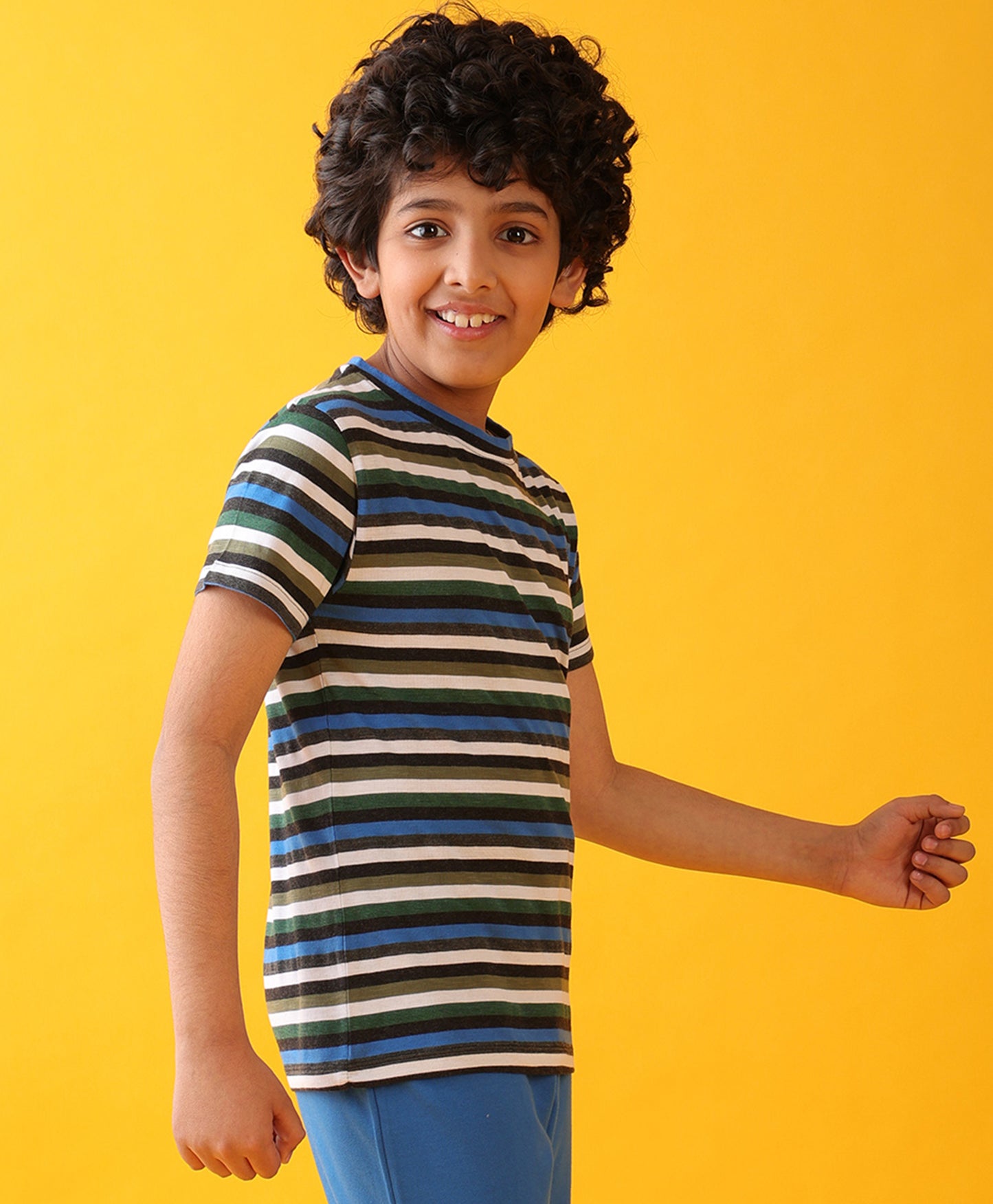 BLUE GREEN WHITE STRIPED BOYS SHORT SLEEVES T-SHIRT - MULTI