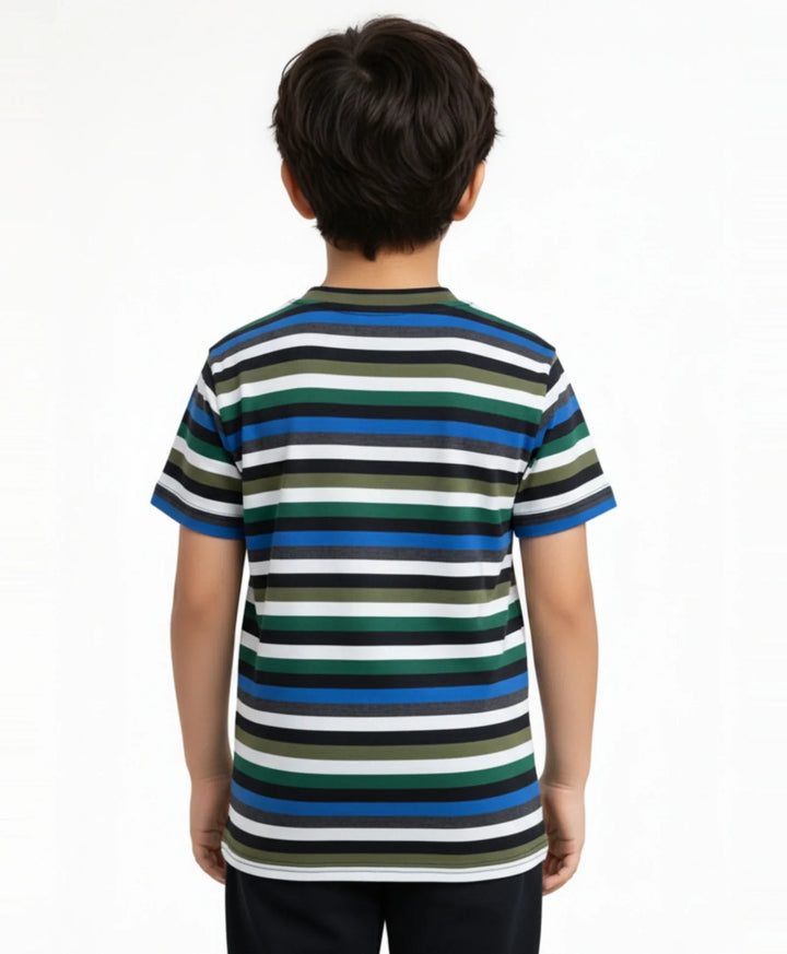 Blue Green White Striped Boys Short Sleeves T-Shirt - Multi