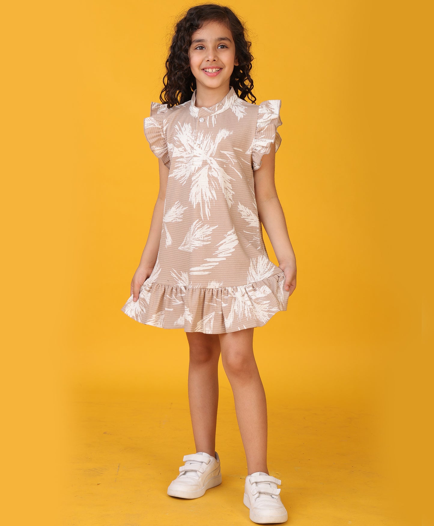 BEIGE FLORAL TEXTURE FRILL DRESS -BEIGE