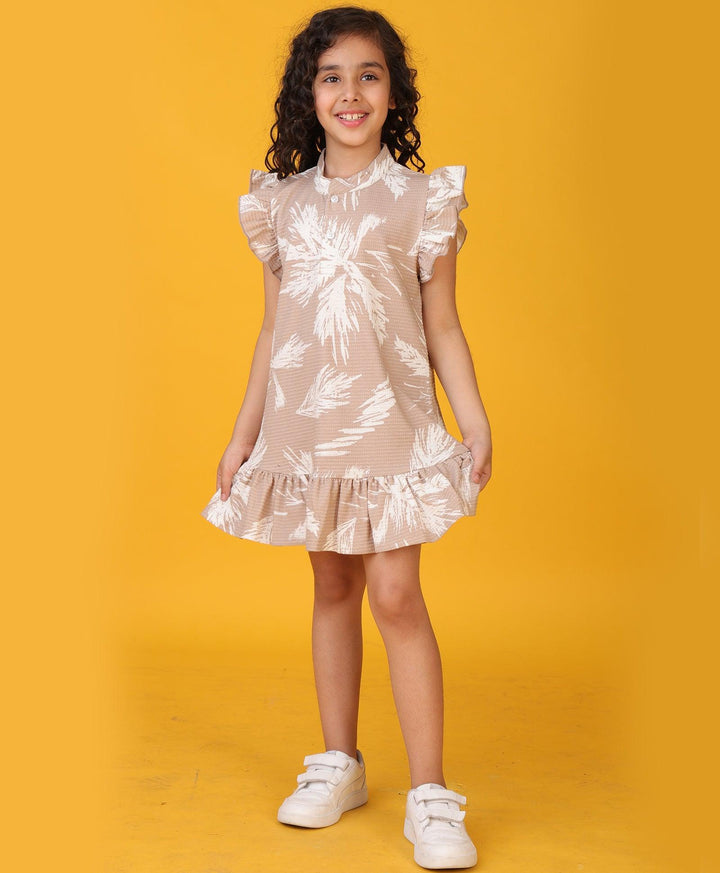Beige Floral Texture Frill Dress -Beige