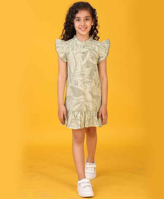 SEA GREEN FLORAL TEXTURE FRILL DRESS -GREEN