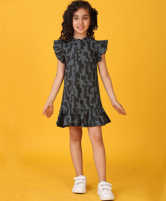 BLACK GREY  FLORAL TEXTURE FRILL DRESS - BLACK