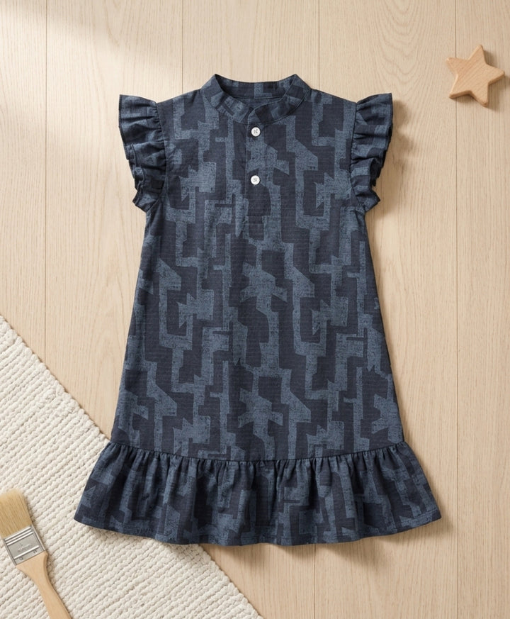 Black Grey Floral Texture Frill Dress - Black
