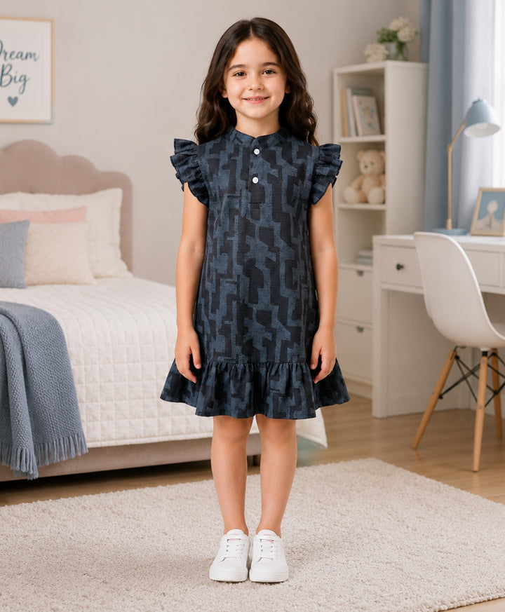 Black Grey Floral Texture Frill Dress - Black
