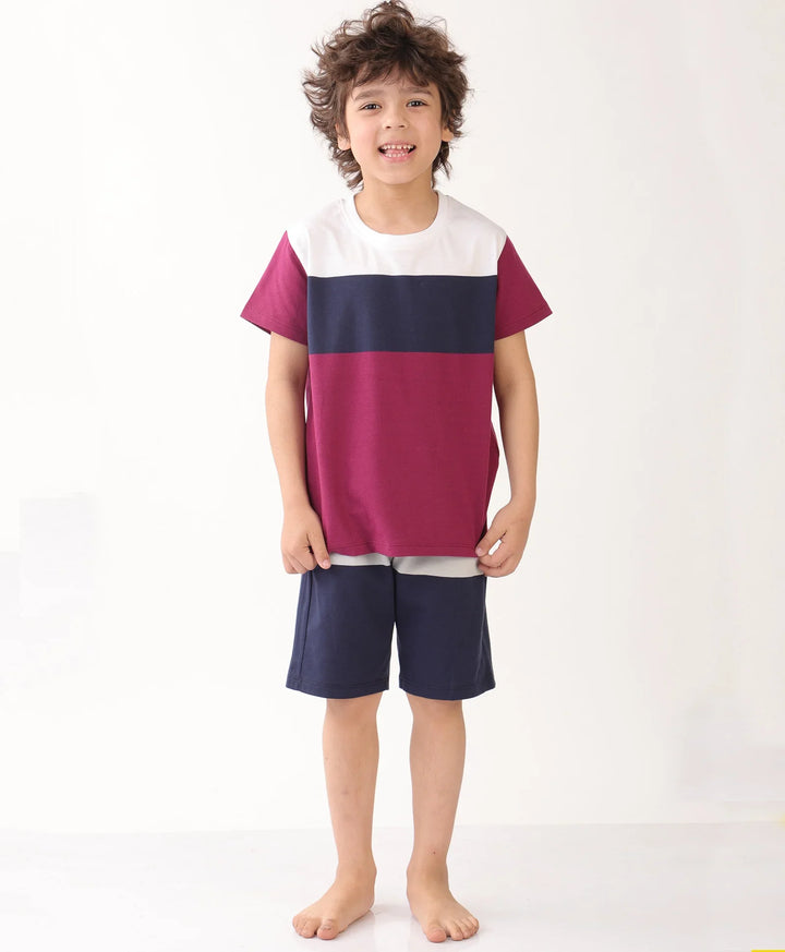 NAVY MEHROON GREY STRIPED CONTRAST SLEEPWEAR SHORTS SET - MULTI - Anthrilo 
