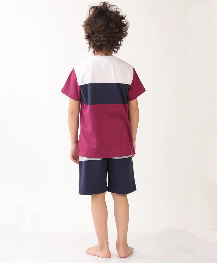 NAVY MEHROON GREY STRIPED CONTRAST SLEEPWEAR SHORTS SET - MULTI - Anthrilo 