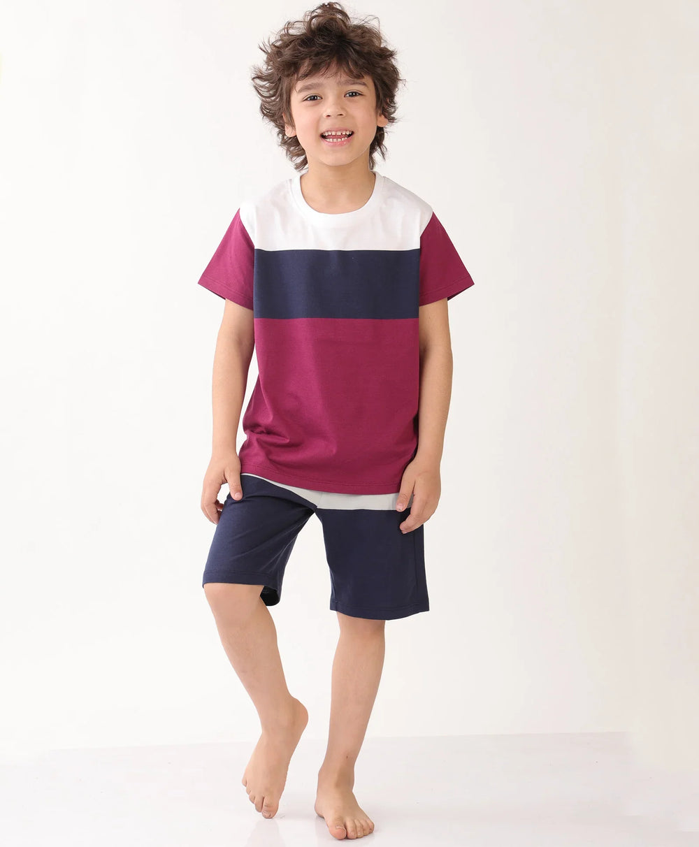 NAVY MEHROON GREY STRIPED CONTRAST SLEEPWEAR SHORTS SET - MULTI - Anthrilo 