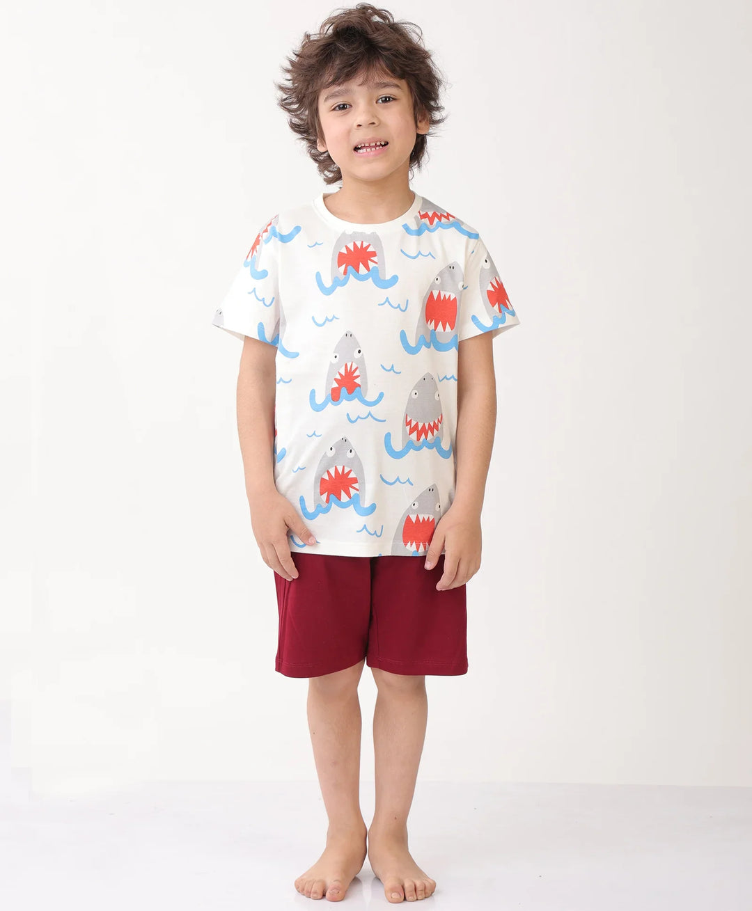 SHARK MEHROON SLEEPWEAR SHORT SET - WHITE/MEHROON - Anthrilo 