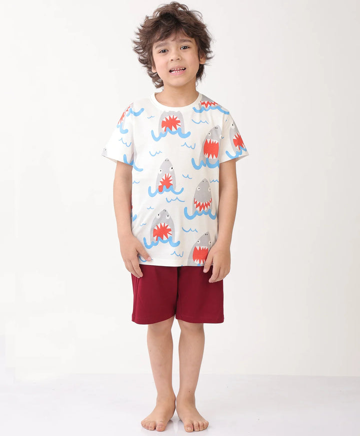 SHARK MEHROON SLEEPWEAR SHORT SET - WHITE/MEHROON - Anthrilo 
