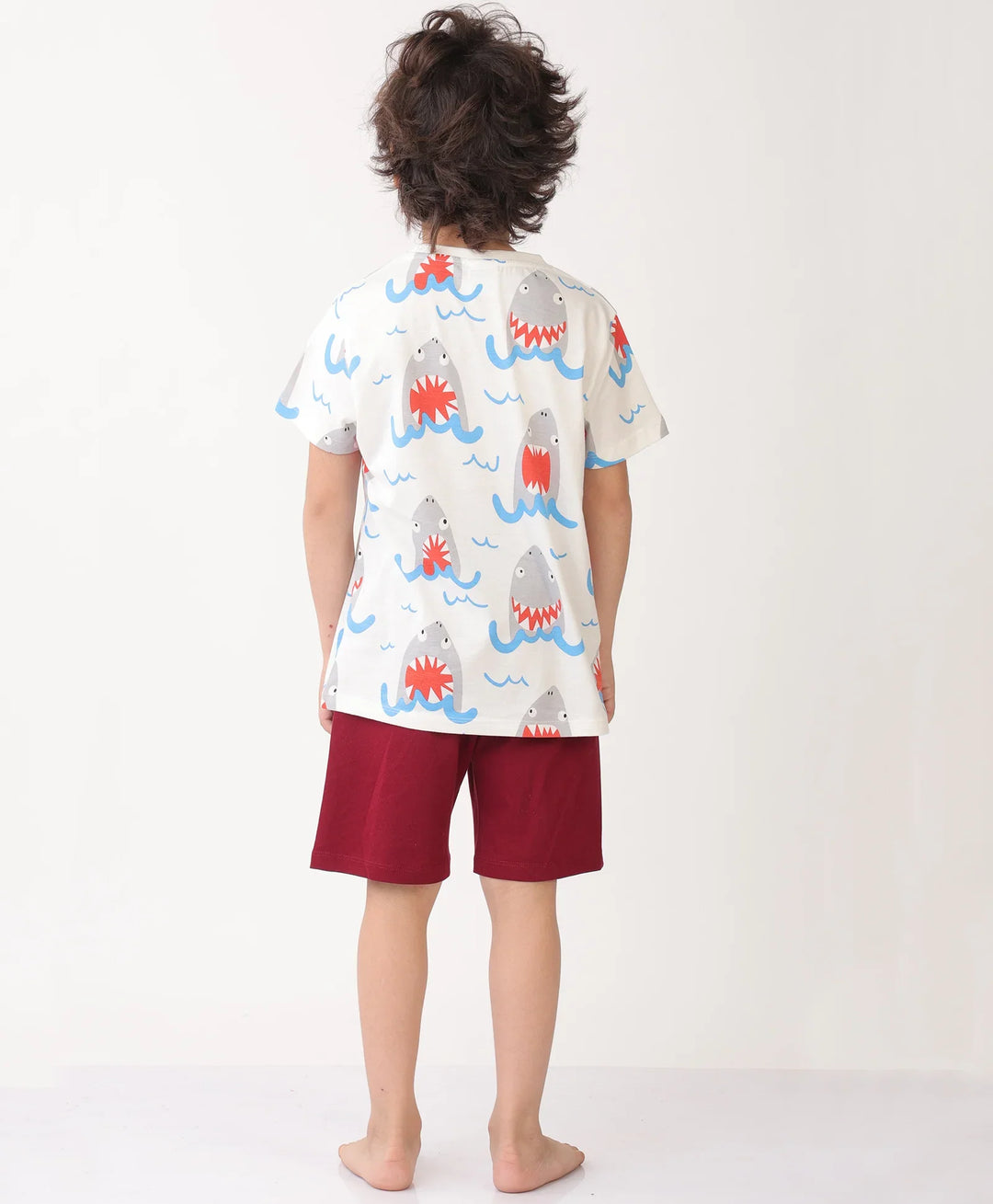 SHARK MEHROON SLEEPWEAR SHORT SET - WHITE/MEHROON - Anthrilo 