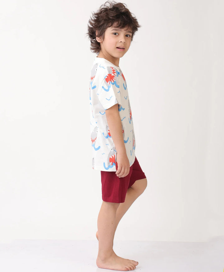 SHARK MEHROON SLEEPWEAR SHORT SET - WHITE/MEHROON - Anthrilo 