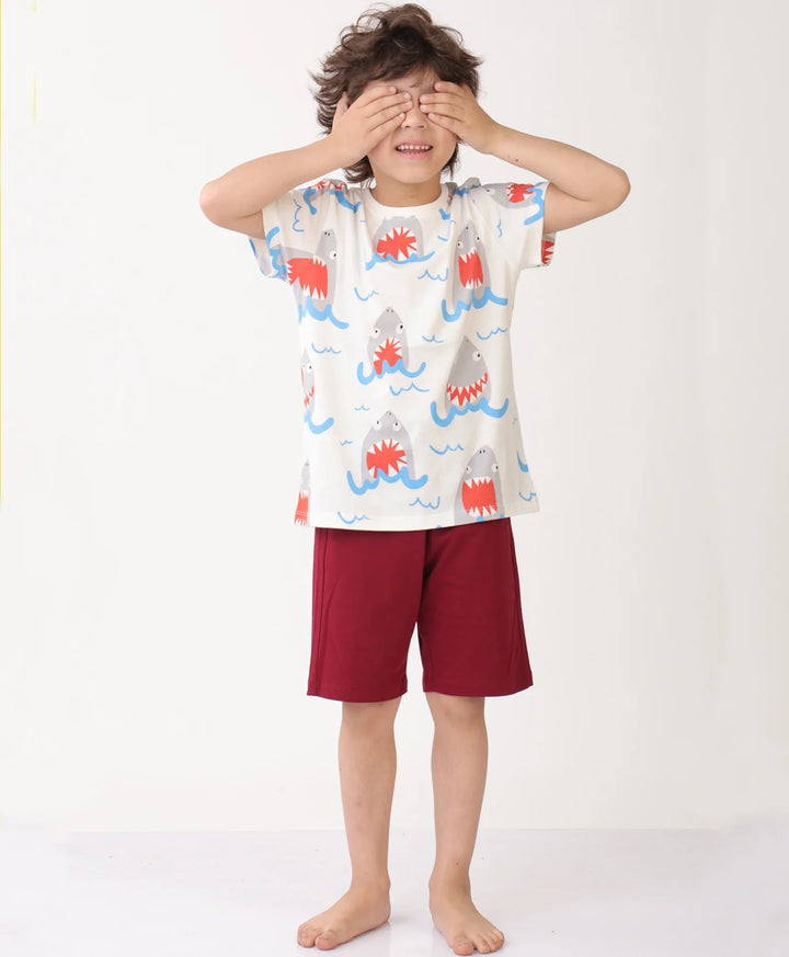 SHARK MEHROON SLEEPWEAR SHORT SET - WHITE/MEHROON - Anthrilo 