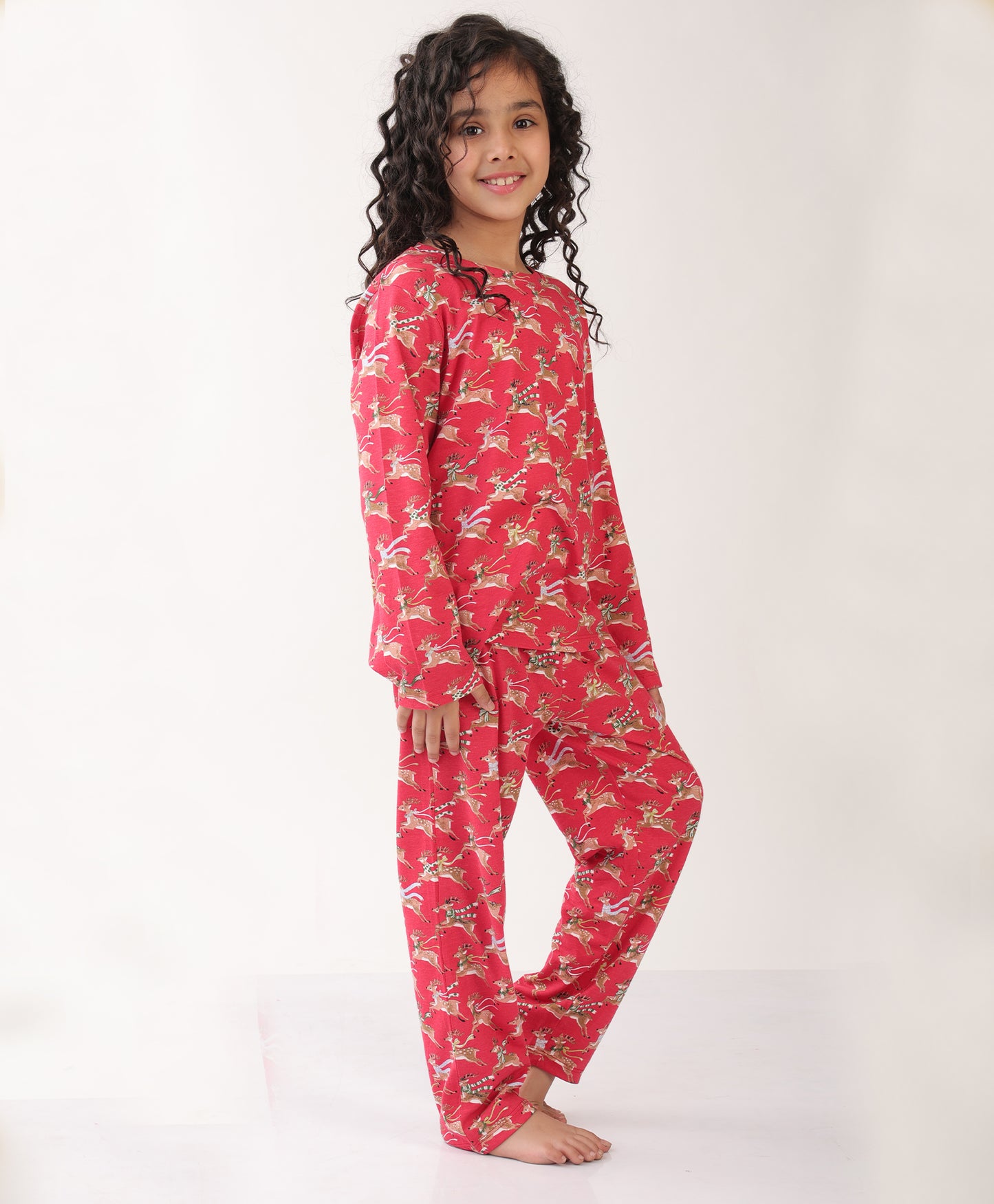 SUMMER REINDEER GIRLS LONG SLEEVES PYJAMA SET - RED